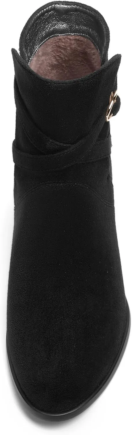 SHOWFOREST Womens Solid Cold Weather Dating Buckle Suede Ankle Strap Round Toe Kitten Low Heel Ankle High Boots 2 Inch