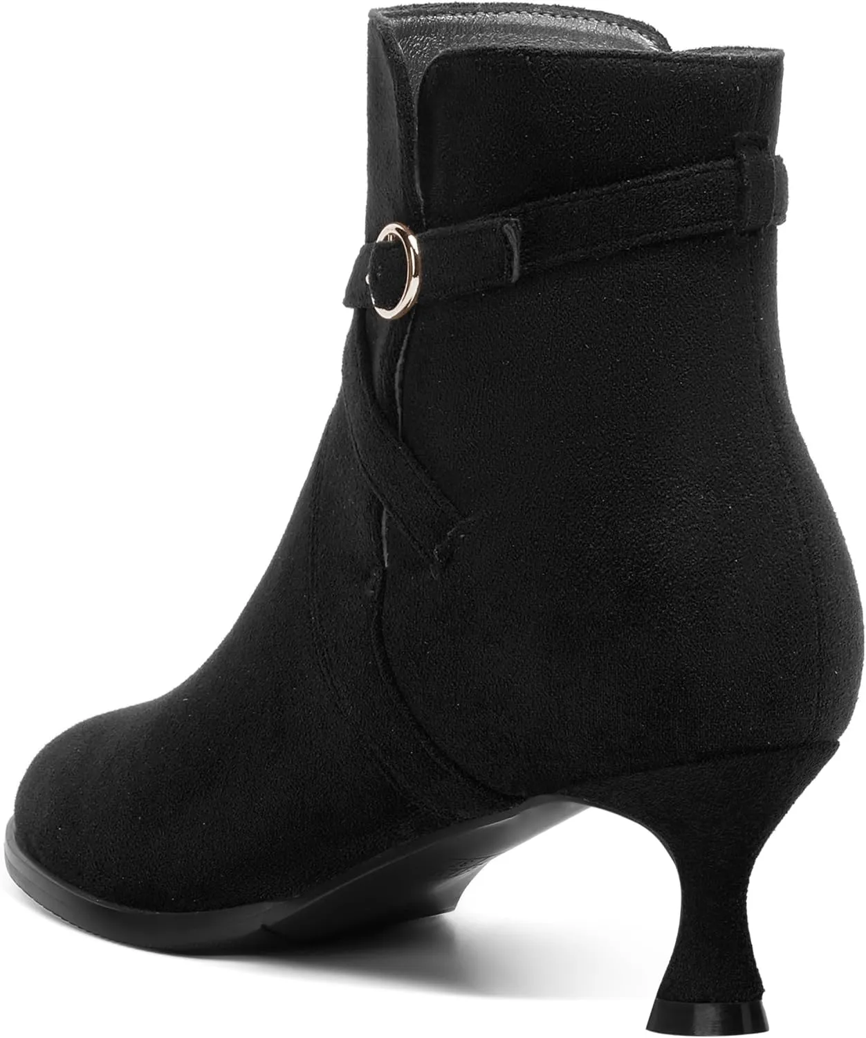 SHOWFOREST Womens Solid Cold Weather Dating Buckle Suede Ankle Strap Round Toe Kitten Low Heel Ankle High Boots 2 Inch