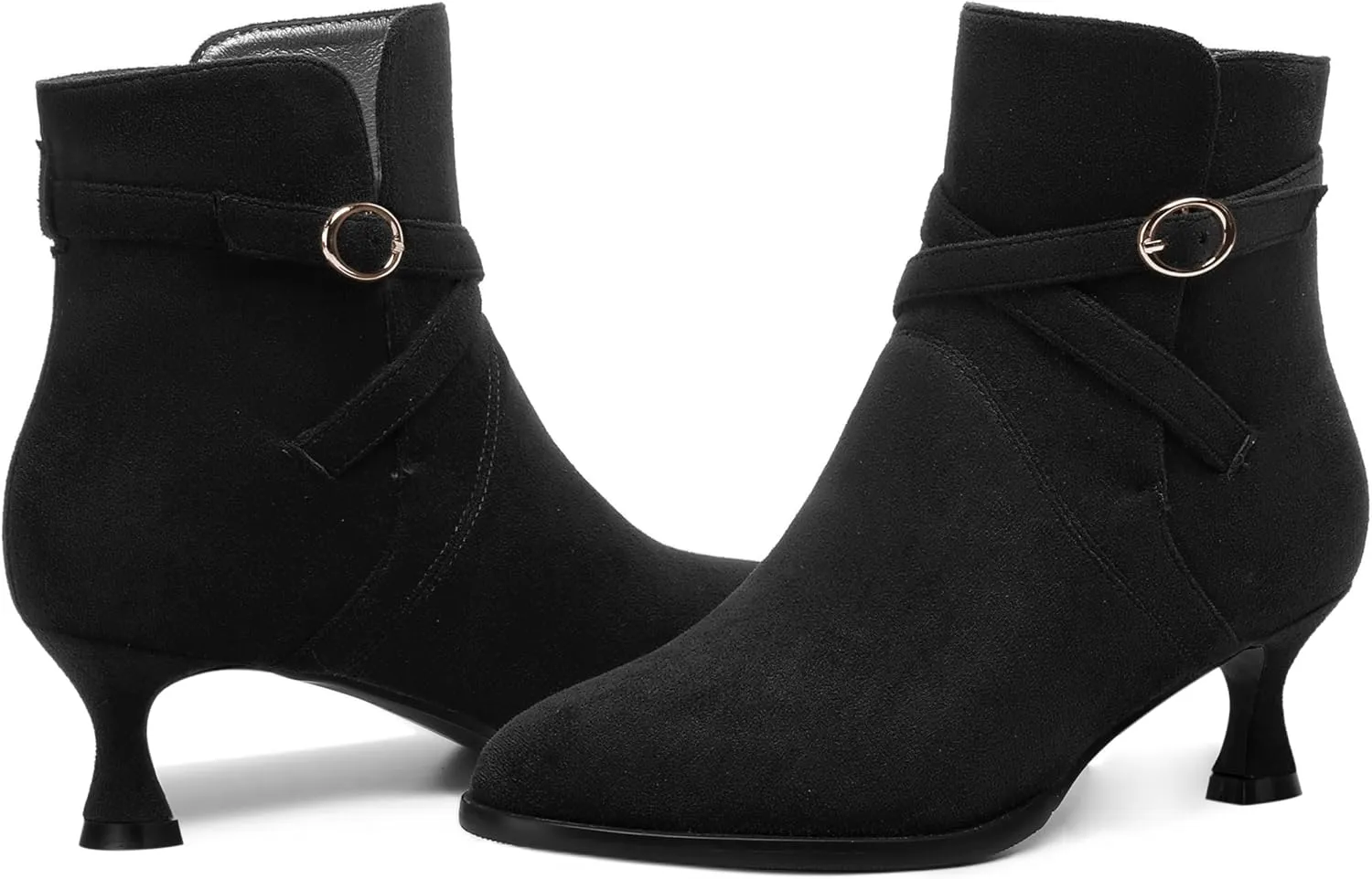 SHOWFOREST Womens Solid Cold Weather Dating Buckle Suede Ankle Strap Round Toe Kitten Low Heel Ankle High Boots 2 Inch