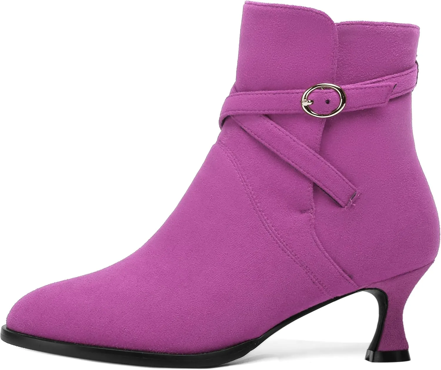 SHOWFOREST Womens Solid Cold Weather Dating Buckle Suede Ankle Strap Round Toe Kitten Low Heel Ankle High Boots 2 Inch