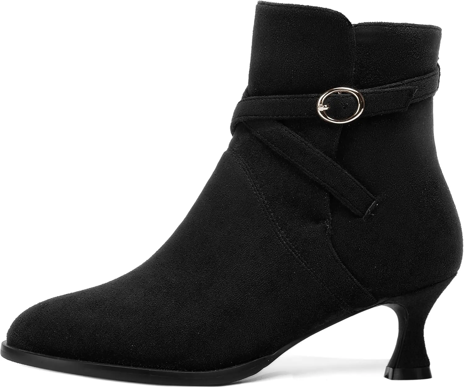 SHOWFOREST Womens Solid Cold Weather Dating Buckle Suede Ankle Strap Round Toe Kitten Low Heel Ankle High Boots 2 Inch