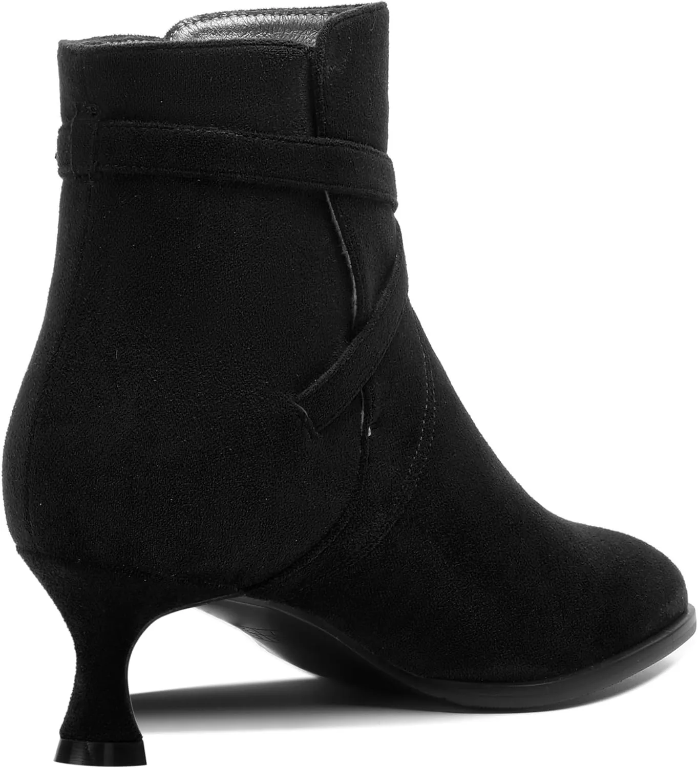 SHOWFOREST Womens Solid Cold Weather Dating Buckle Suede Ankle Strap Round Toe Kitten Low Heel Ankle High Boots 2 Inch