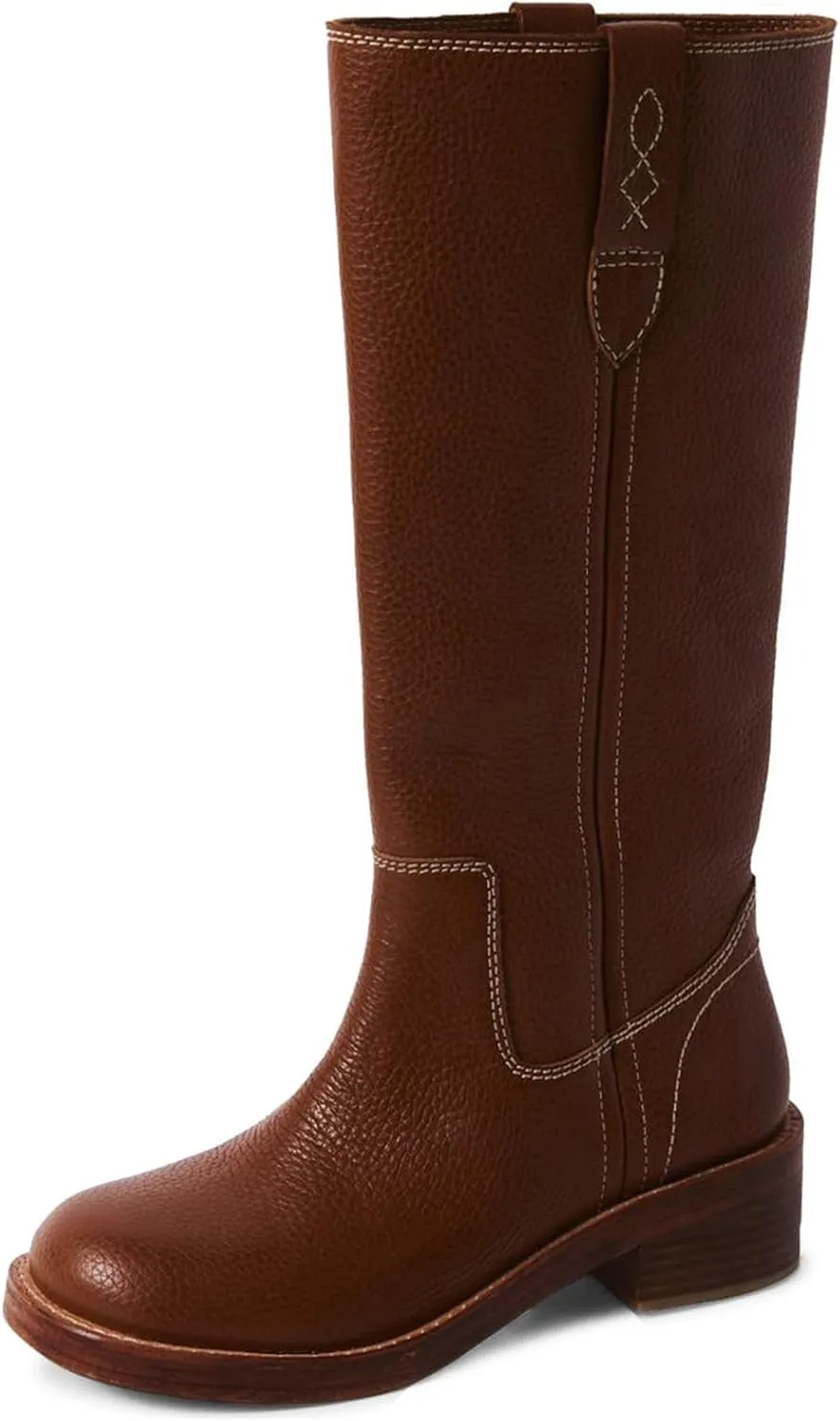 SIFINELAR Women's Banana Knee High Boots Square Toe Chunky Block Heel Tall Boots Wide Calf Fashion Comfortable Casual Pull on Long Boots