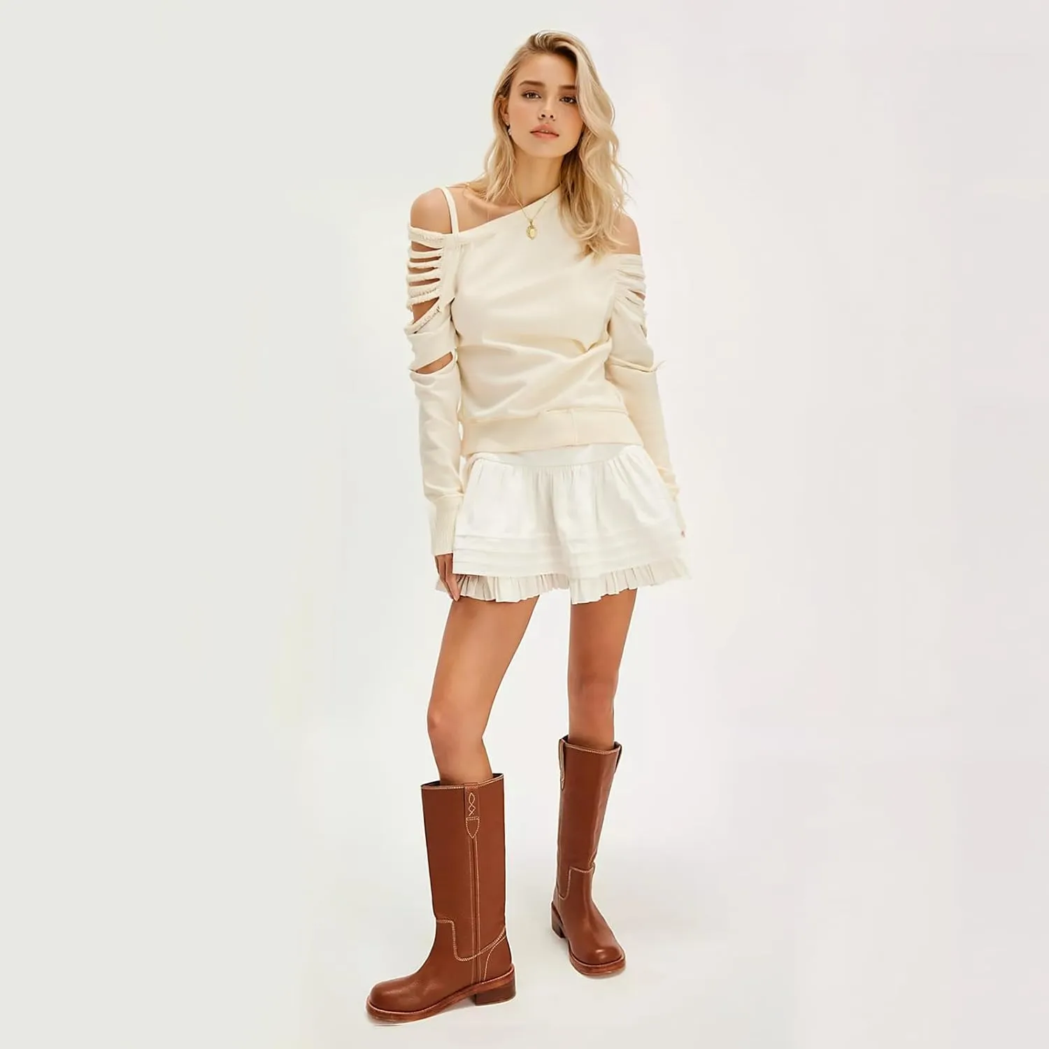 SIFINELAR Women's Banana Knee High Boots Square Toe Chunky Block Heel Tall Boots Wide Calf Fashion Comfortable Casual Pull on Long Boots