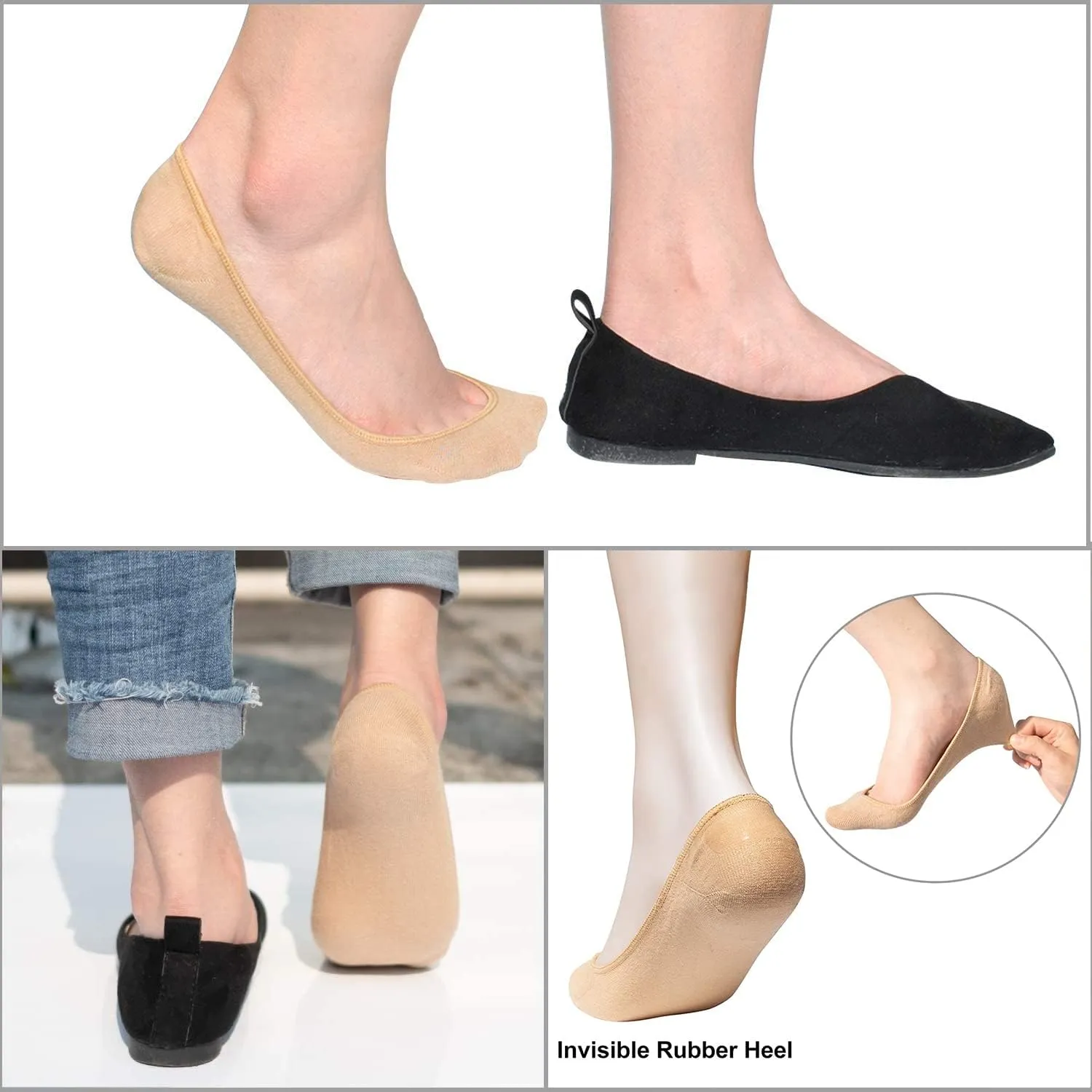 SIXDAYSOX No Show Socks Women for Flats 4 to 8 Pack Non Slip Invisible Ultra Low Cut Socks Shoe Size 5-8/9-11