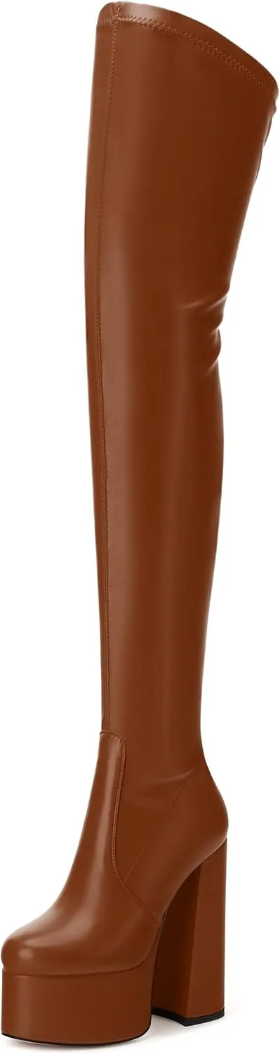 SKYSTERRY Women's Thigh High Boots Over The Knee Platform High Chunky Round Toe Heels Boots Side Zipper Sexy Comfortable Long Boots