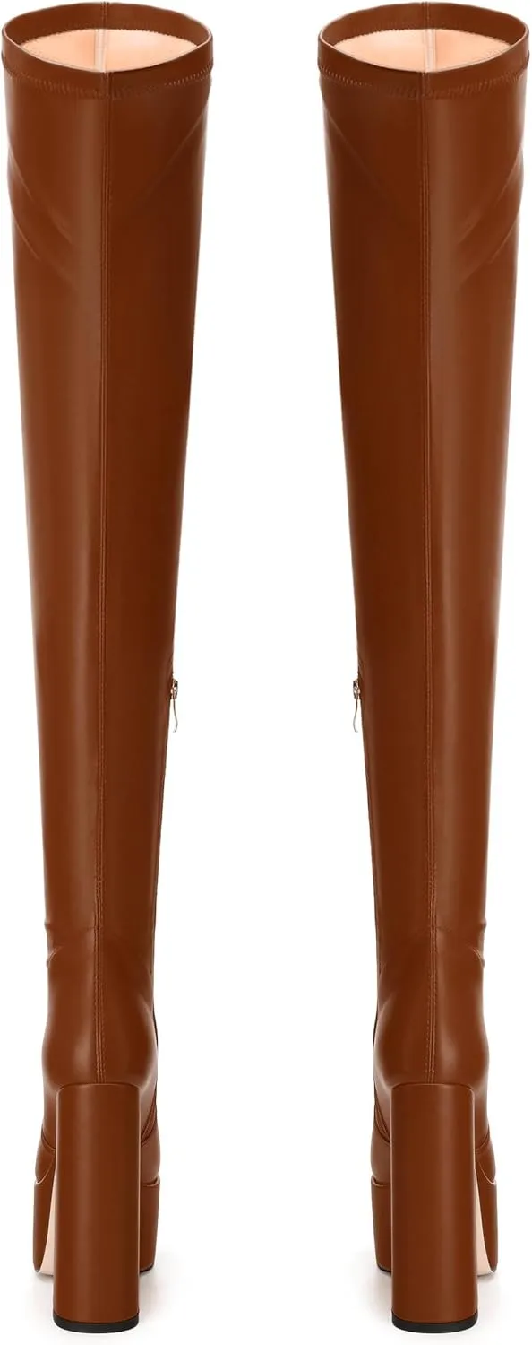 SKYSTERRY Women's Thigh High Boots Over The Knee Platform High Chunky Round Toe Heels Boots Side Zipper Sexy Comfortable Long Boots