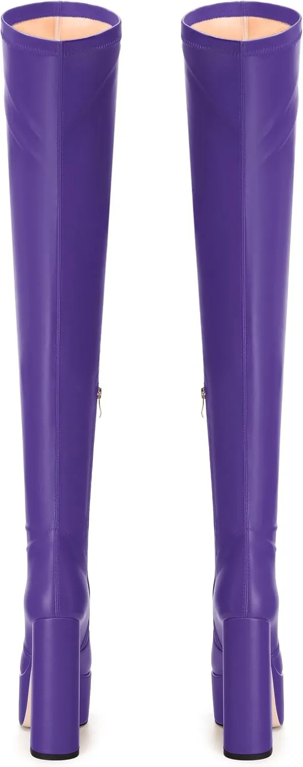 SKYSTERRY Women's Thigh High Boots Over The Knee Platform High Chunky Round Toe Heels Boots Side Zipper Sexy Comfortable Long Boots