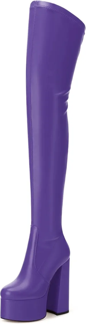 SKYSTERRY Women's Thigh High Boots Over The Knee Platform High Chunky Round Toe Heels Boots Side Zipper Sexy Comfortable Long Boots