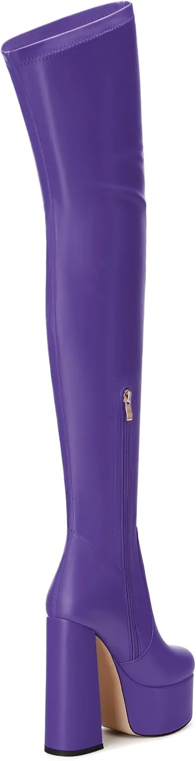 SKYSTERRY Women's Thigh High Boots Over The Knee Platform High Chunky Round Toe Heels Boots Side Zipper Sexy Comfortable Long Boots