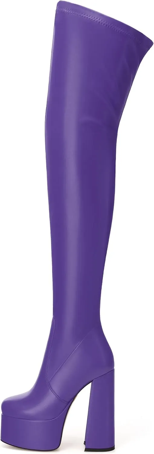 SKYSTERRY Women's Thigh High Boots Over The Knee Platform High Chunky Round Toe Heels Boots Side Zipper Sexy Comfortable Long Boots