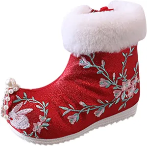 Soft Bottom Boots Baby Girls Ankle Pearl Boots Warm Cotton Boots Embroidered Boots National Boots (A, 11.5 Little Child)