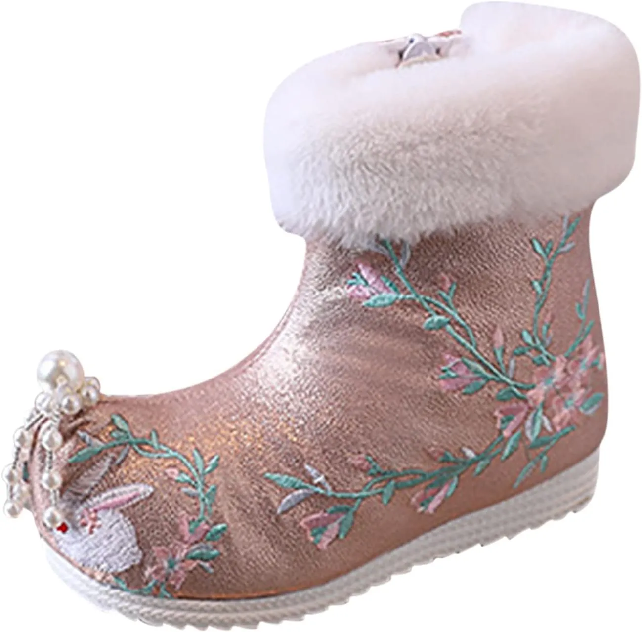 Soft Bottom Boots Baby Girls Ankle Pearl Boots Warm Cotton Boots Embroidered Boots National Boots (B, 3.5 Big Kids)