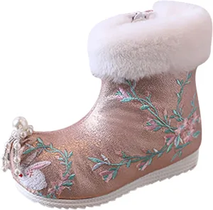 Soft Bottom Boots Baby Girls Ankle Pearl Boots Warm Cotton Boots Embroidered Boots National Boots (B, 3.5 Big Kids)