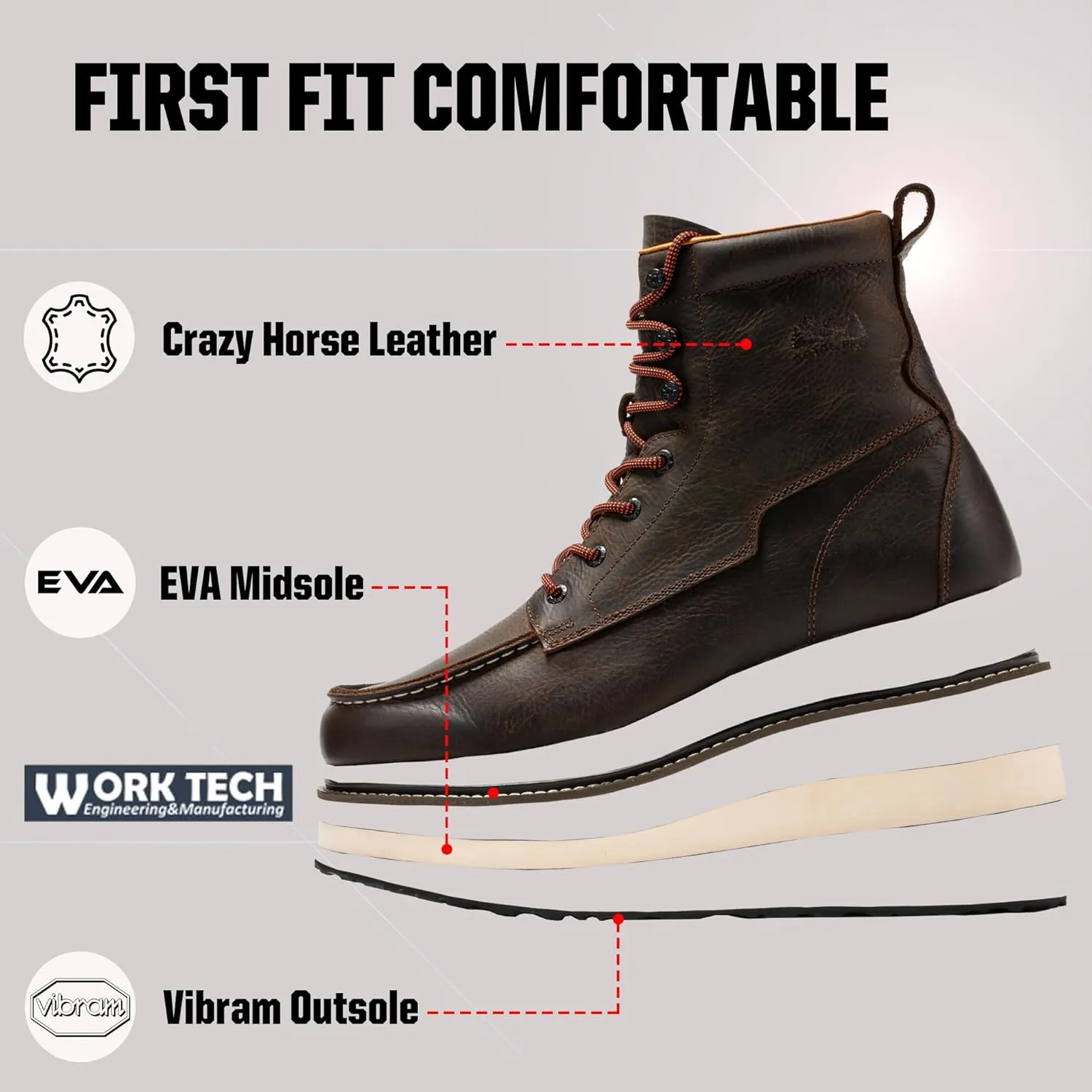 Soft Toe Work Boots for Men, 6 Inch Crazy Horse Leather Wedge Work Shoes Breathable Comfortable(VBP601)