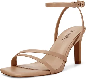 SOVANYOU Heeled Sandals for Women Dressy Square Open Toe Strappy High Heels with Ankle Strap for Wedding Party Daily Wear