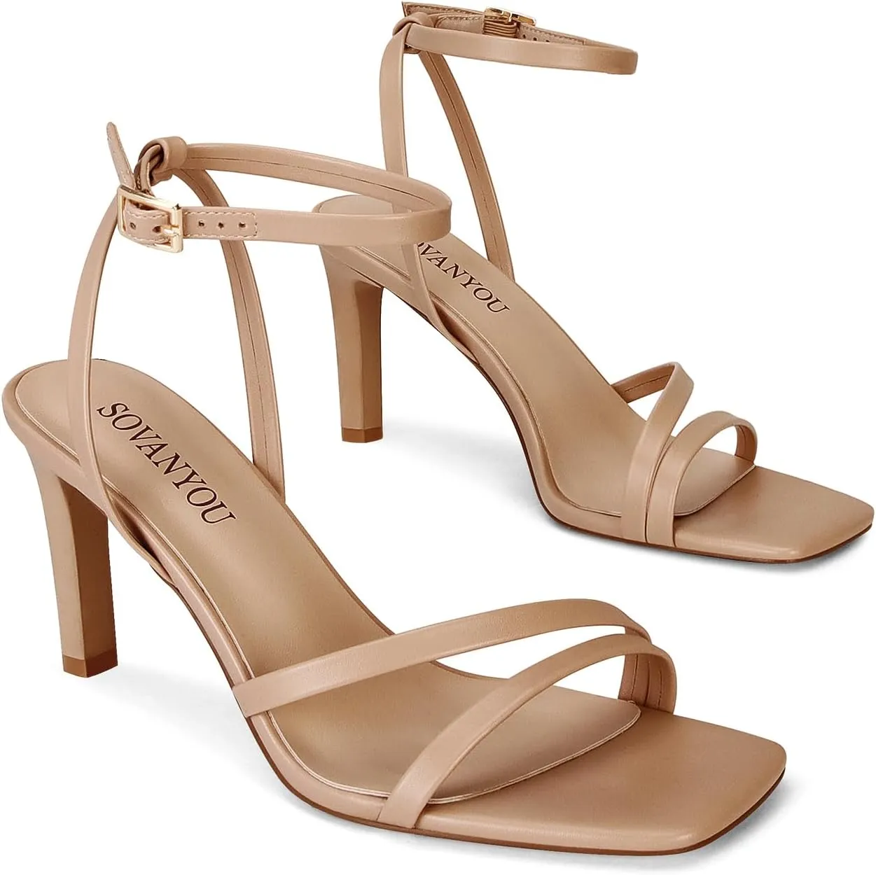 SOVANYOU Heeled Sandals for Women Dressy Square Open Toe Strappy High Heels with Ankle Strap for Wedding Party Daily Wear