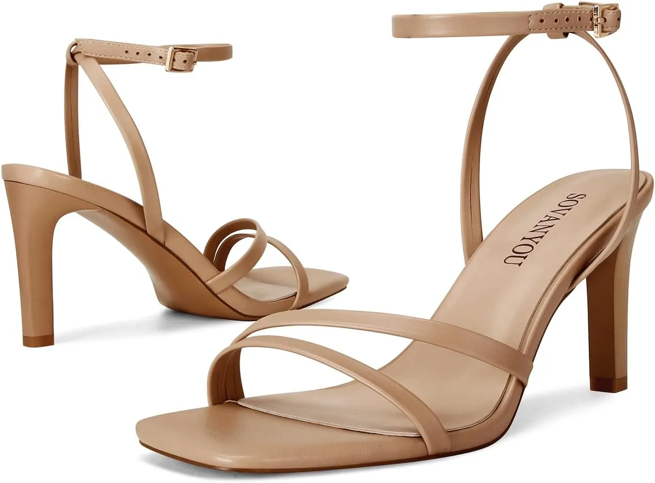 SOVANYOU Heeled Sandals for Women Dressy Square Open Toe Strappy High Heels with Ankle Strap for Wedding Party Daily Wear