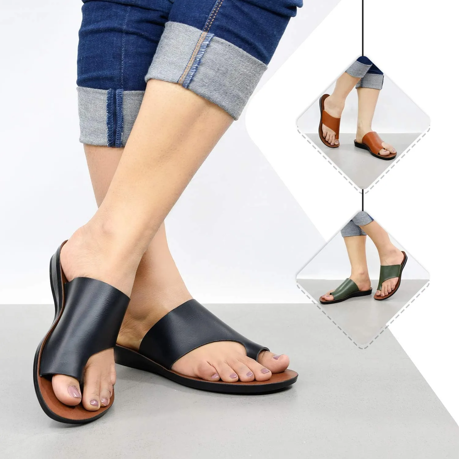 Split Toe Strap Man-Made Leather Ladies Cute Slides Outdoor Travel Dressy Flats Comfortable Walking Casual Summer Sandals for Women Fashion Footwear