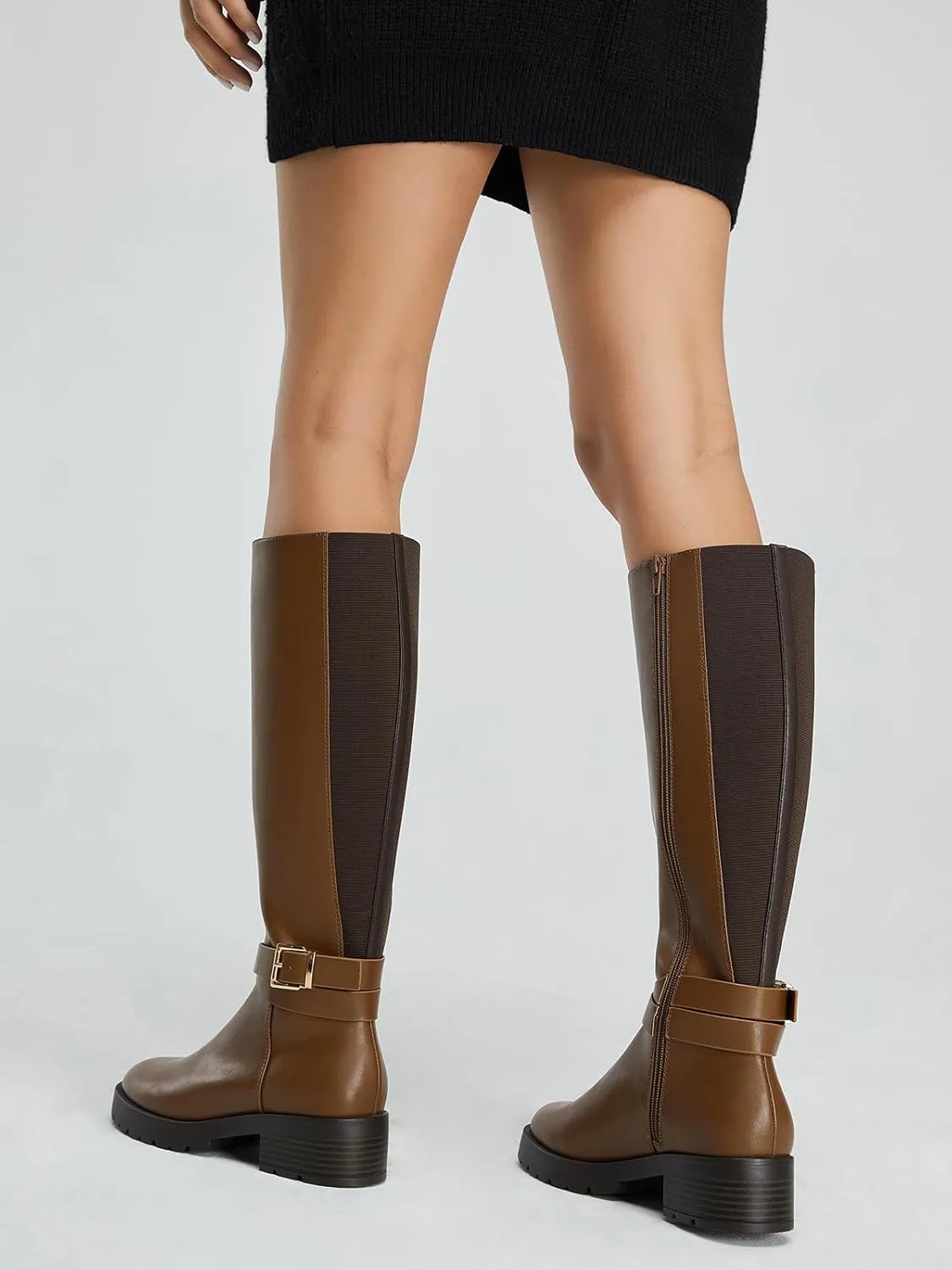 Stratuxx Kaze Women's Knee High Boots Wide Calf Side Zipper Low Heel Riding Boots Womens Tall Boots
