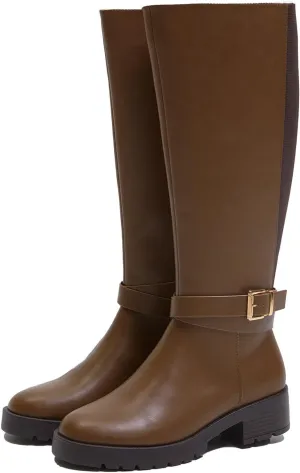 Stratuxx Kaze Women's Knee High Boots Wide Calf Side Zipper Low Heel Riding Boots Womens Tall Boots