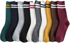 Striped Crew Socks 10 Pairs Retro Cute Long Tube Crew Socks for Women