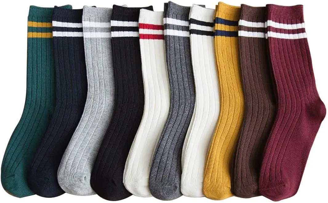 Striped Crew Socks 10 Pairs Retro Cute Long Tube Crew Socks for Women