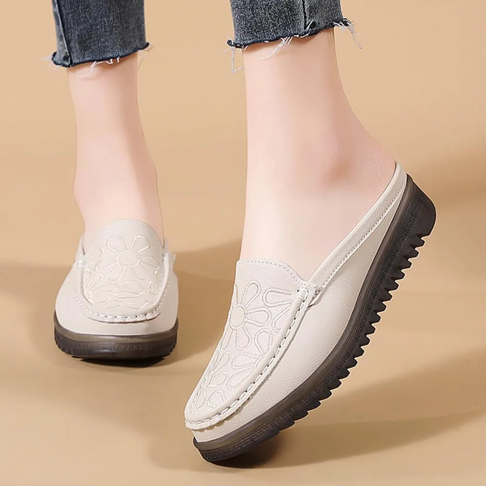 Succttssful Women's Closed Toe Mules Sandals for Walking: Backless Flats Loafers for Office - Casual Leather Mules for Girls