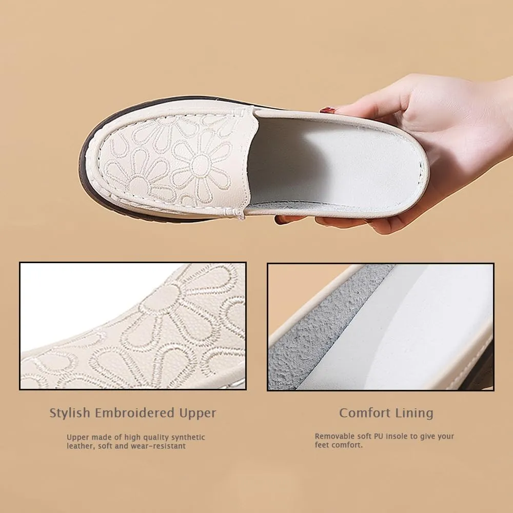 Succttssful Women's Closed Toe Mules Sandals for Walking: Backless Flats Loafers for Office - Casual Leather Mules for Girls