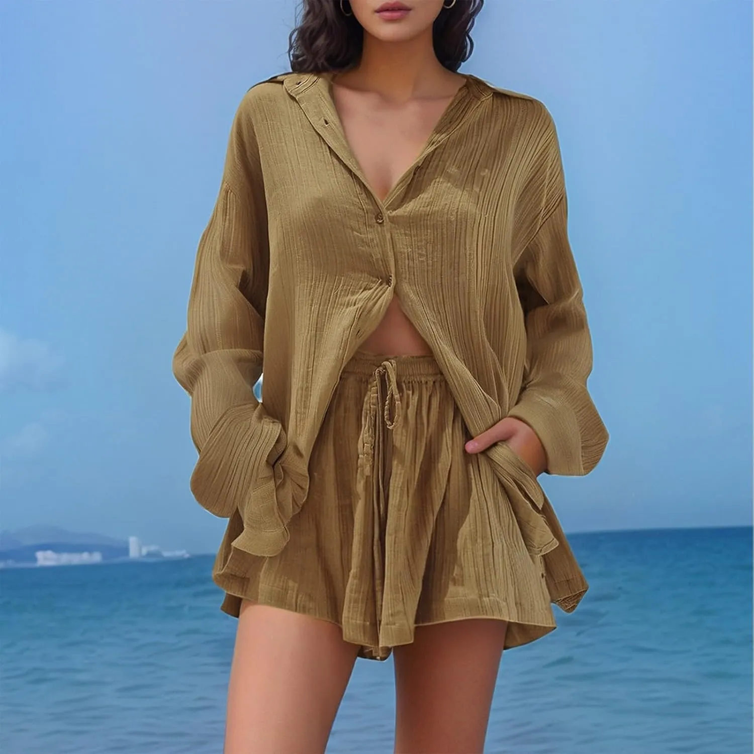 Summer Linen Set for Women Long Sleeve Button Down Blouse and Shorts Matching Sweatsuit Sets Track Suits Sweat Suit