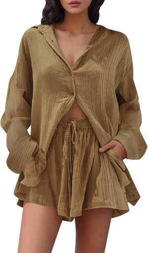 Summer Linen Set for Women Long Sleeve Button Down Blouse and Shorts Matching Sweatsuit Sets Track Suits Sweat Suit