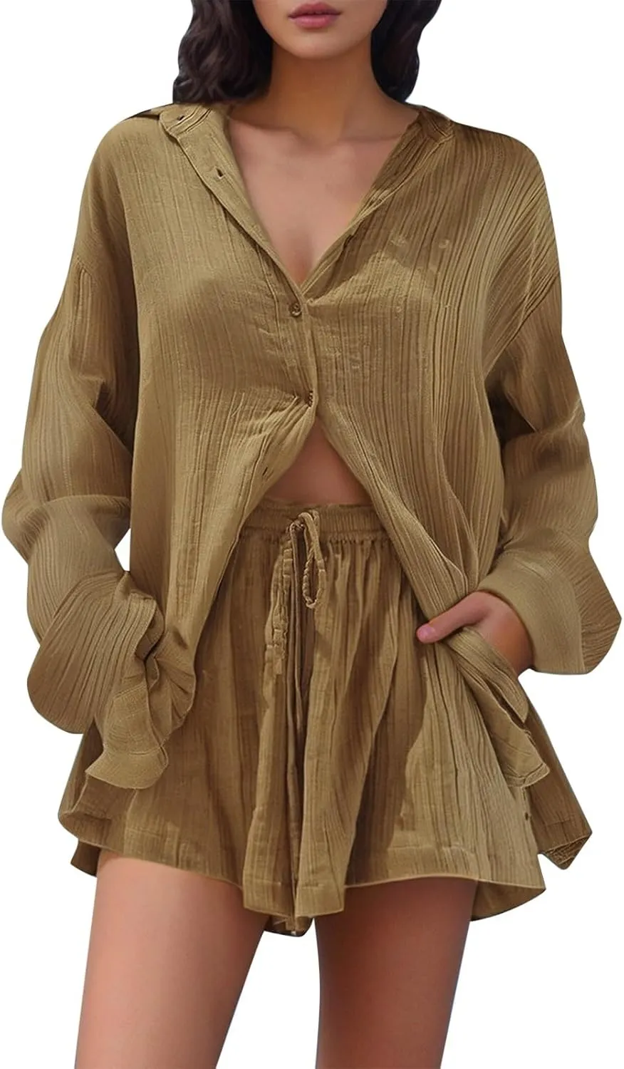 Summer Linen Set for Women Long Sleeve Button Down Blouse and Shorts Matching Sweatsuit Sets Track Suits Sweat Suit