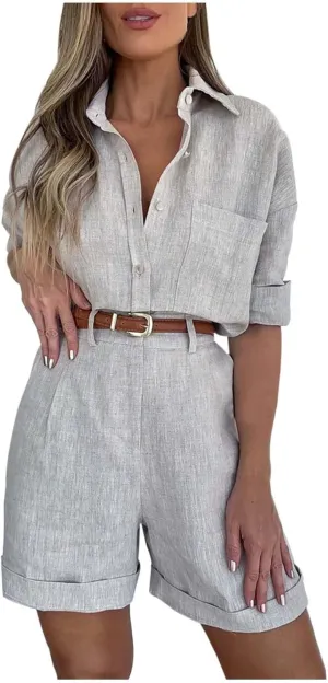Summer Linen Set for Women Short Sleeve Button down Shirt and Shorts Tracksuit Lounge Set Fashion Trendy Clothes