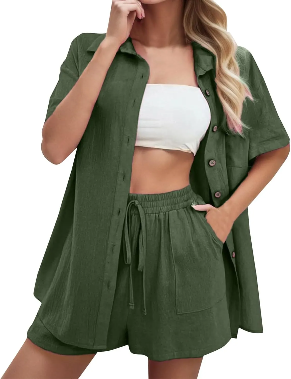 Summer Linen Set for Women Short Sleeve Button down Shirt and Shorts Tracksuit Lounge Set Matching Sets Women Clothing