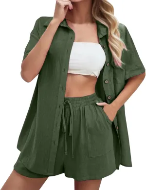 Summer Linen Set for Women Short Sleeve Button down Shirt and Shorts Tracksuit Lounge Set Matching Sets Women Clothing
