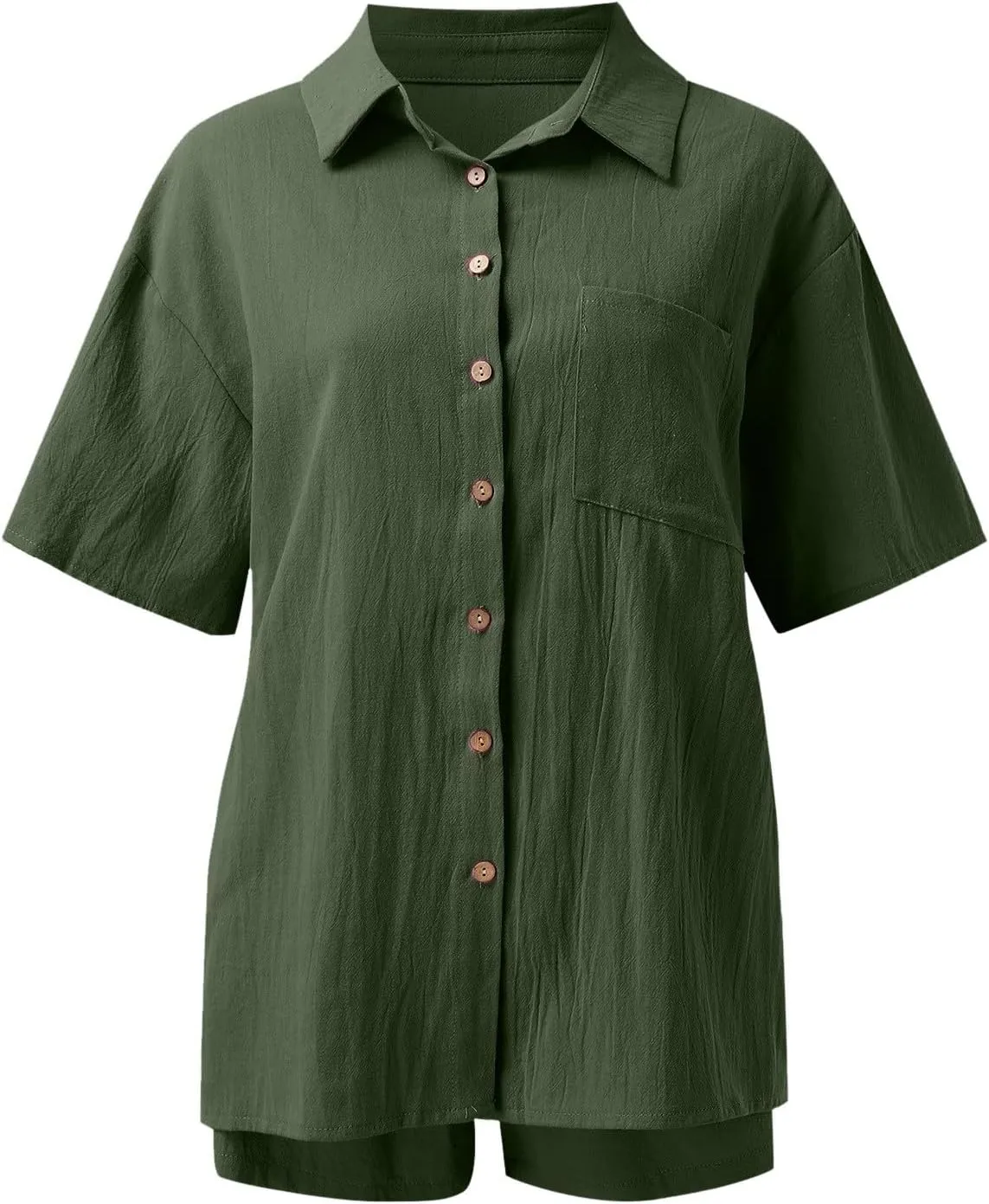 Summer Linen Set for Women Short Sleeve Button down Shirt and Shorts Tracksuit Lounge Set Matching Sets Women Clothing