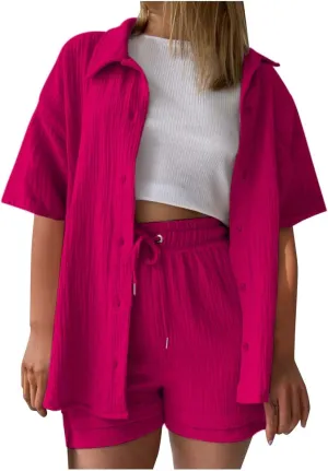 Summer Linen Set for Women Short Sleeve Button down Shirt and Shorts Tracksuit Lounge Set Plus Size Maternity Clothes