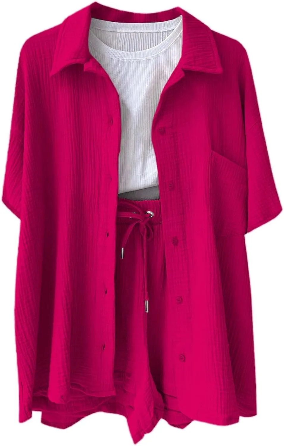 Summer Linen Set for Women Short Sleeve Button down Shirt and Shorts Tracksuit Lounge Set Plus Size Maternity Clothes