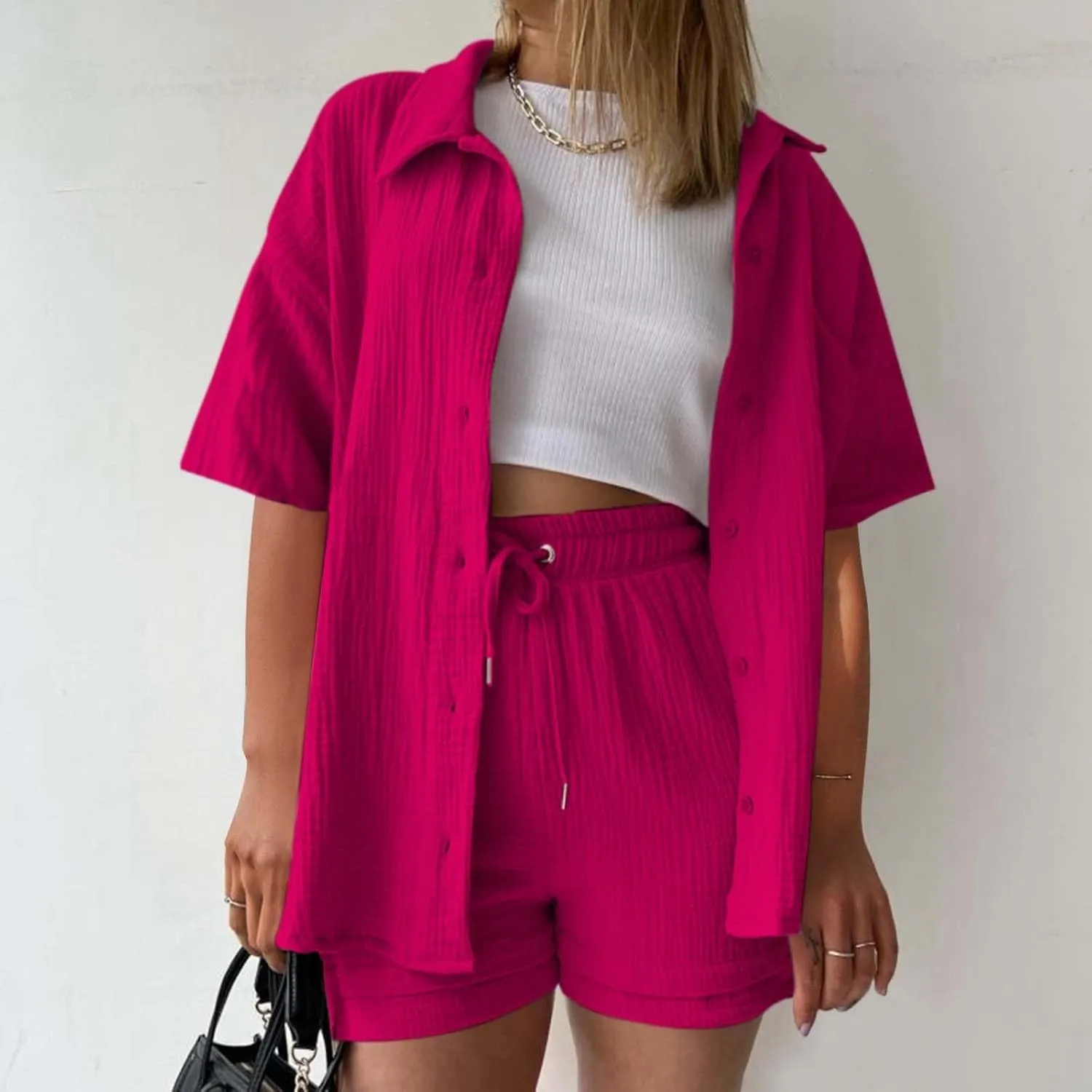 Summer Linen Set for Women Short Sleeve Button down Shirt and Shorts Tracksuit Lounge Set Plus Size Maternity Clothes