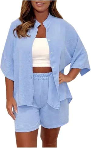 Summer Linen Set for Women Short Sleeve Button Down Shirt Shorts Tracksuit Lounge Set Going Out Outfits Y2k Clothes