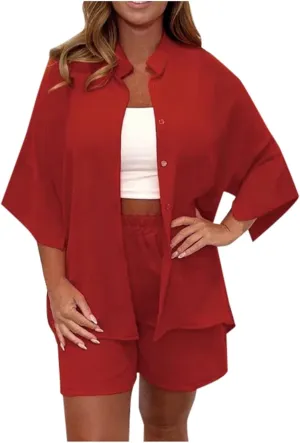 Summer Linen Set for Women Short Sleeve Button down Shirt Shorts Tracksuit Lounge Set Going out Outfits Y2k Clothes