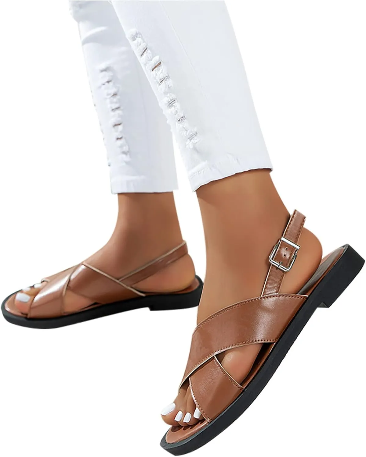 Summer Slingback Flat Sandals for Women Casual Open Toe Dressy Sandal Comfy Footwear Shoes with Adjustable Buckle