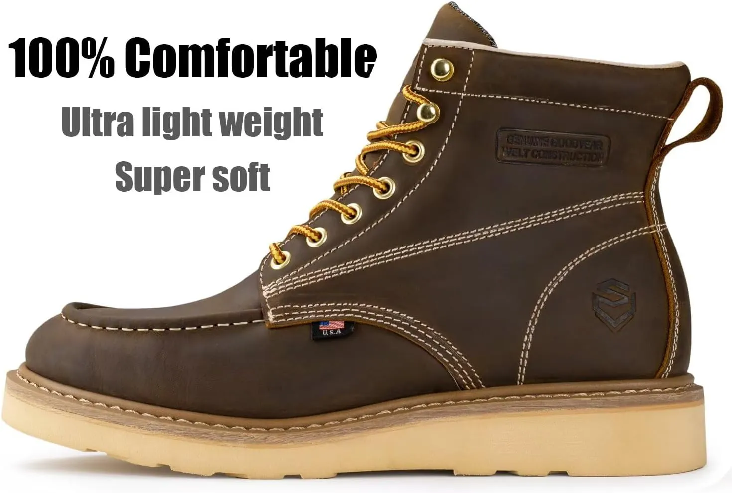SUREWAY 6” Wedge Moc Toe Work Boots for Men - Soft Toe,Premium Full-Grain Leather,Lightweight Work Boots/Shoes,Comfort Insole,Oil/Slip Resistant,Real Goodyear,EH Rated Industrial Construction Boots