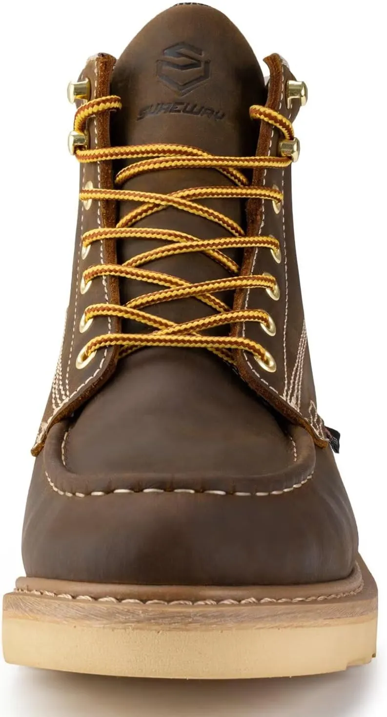 SUREWAY 6” Wedge Moc Toe Work Boots for Men - Soft Toe,Premium Full-Grain Leather,Lightweight Work Boots/Shoes,Comfort Insole,Oil/Slip Resistant,Real Goodyear,EH Rated Industrial Construction Boots