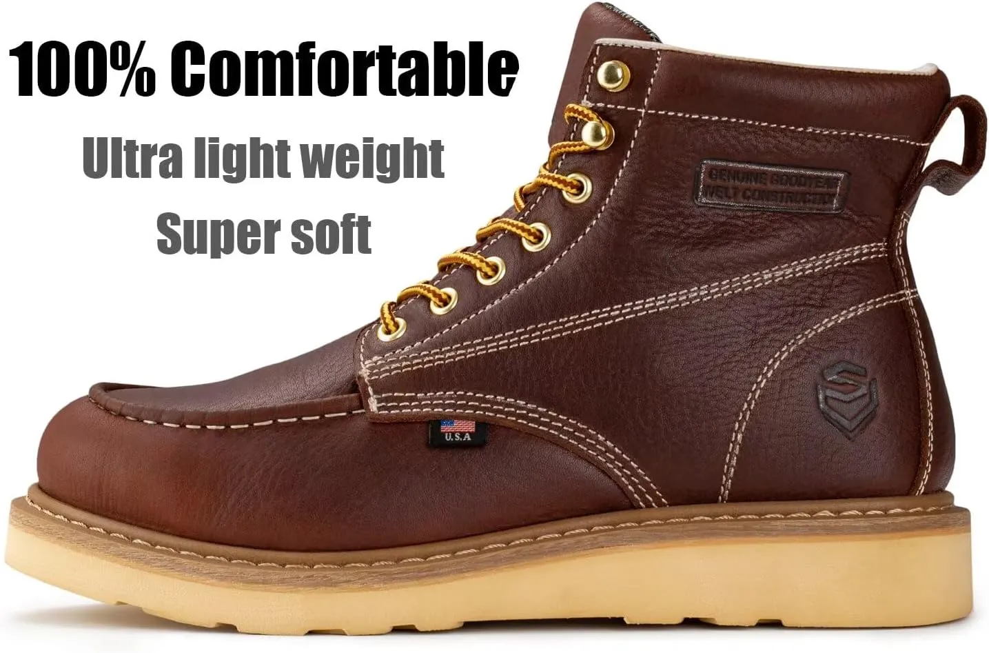 SUREWAY 6” Wedge Moc Toe Work Boots for Men - Soft Toe,Premium Full-Grain Leather,Lightweight Work Boots/Shoes,Comfort Insole,Oil/Slip Resistant,Real Goodyear,EH Rated Industrial Construction Boots