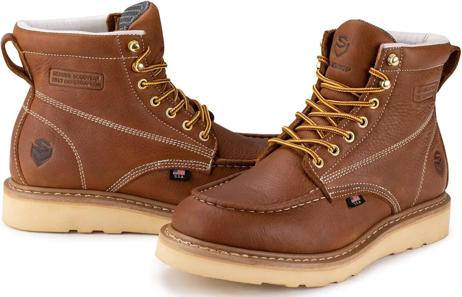 SUREWAY 6” Wedge Moc Toe Work Boots for Men - Soft Toe,Premium Full-Grain Leather,Lightweight Work Boots/Shoes,Comfort Insole,Oil/Slip Resistant,Real Goodyear,EH Rated Industrial Construction Boots