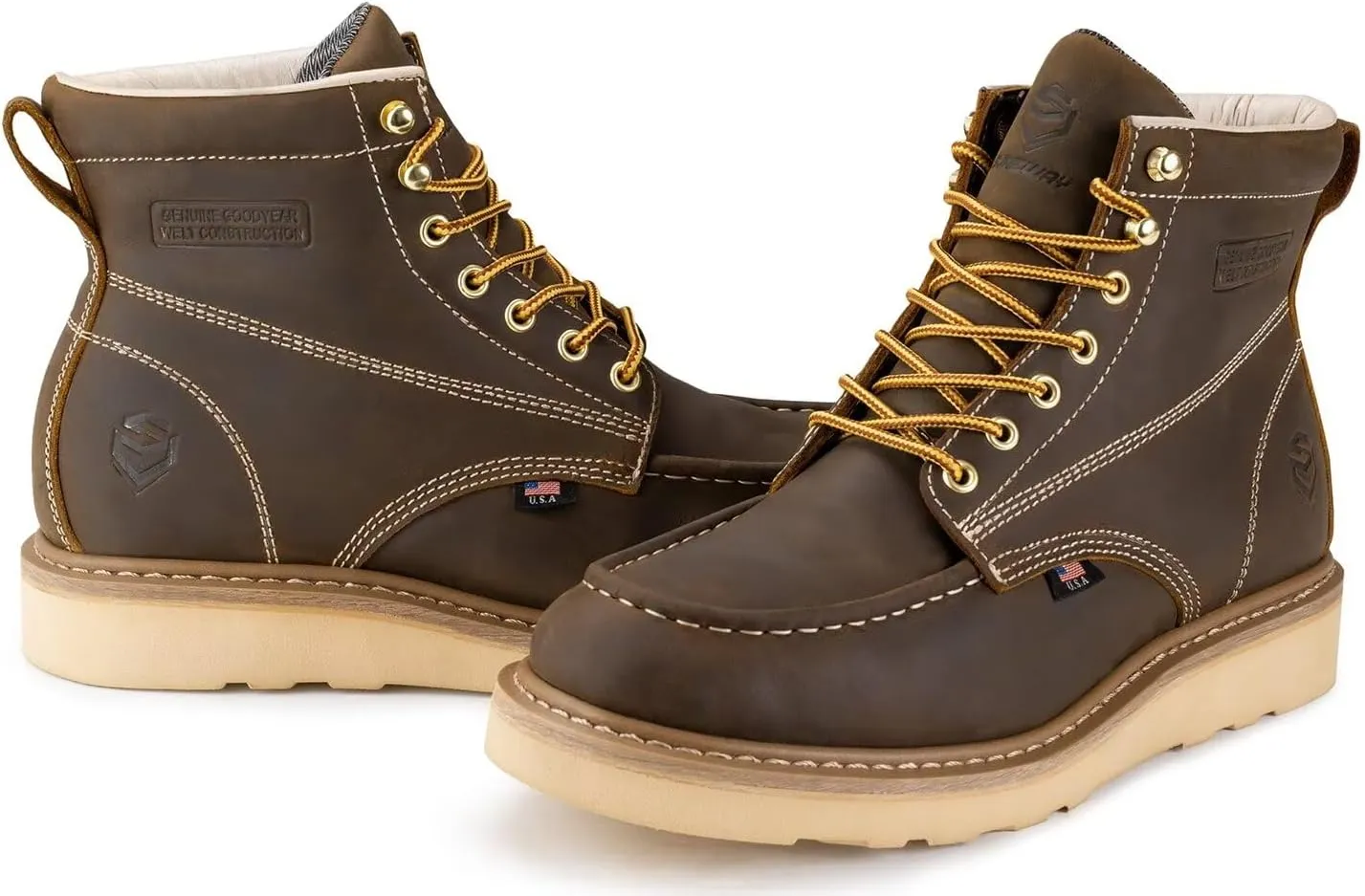 SUREWAY 6” Wedge Moc Toe Work Boots for Men - Soft Toe,Premium Full-Grain Leather,Lightweight Work Boots/Shoes,Comfort Insole,Oil/Slip Resistant,Real Goodyear,EH Rated Industrial Construction Boots
