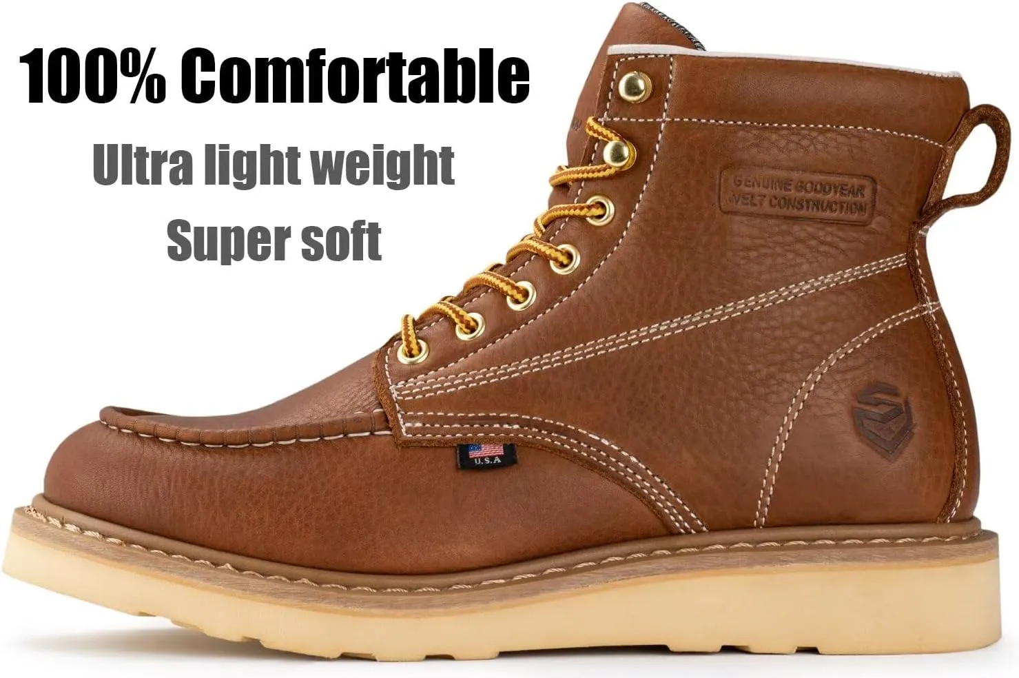 SUREWAY 6” Wedge Moc Toe Work Boots for Men - Soft Toe,Premium Full-Grain Leather,Lightweight Work Boots/Shoes,Comfort Insole,Oil/Slip Resistant,Real Goodyear,EH Rated Industrial Construction Boots