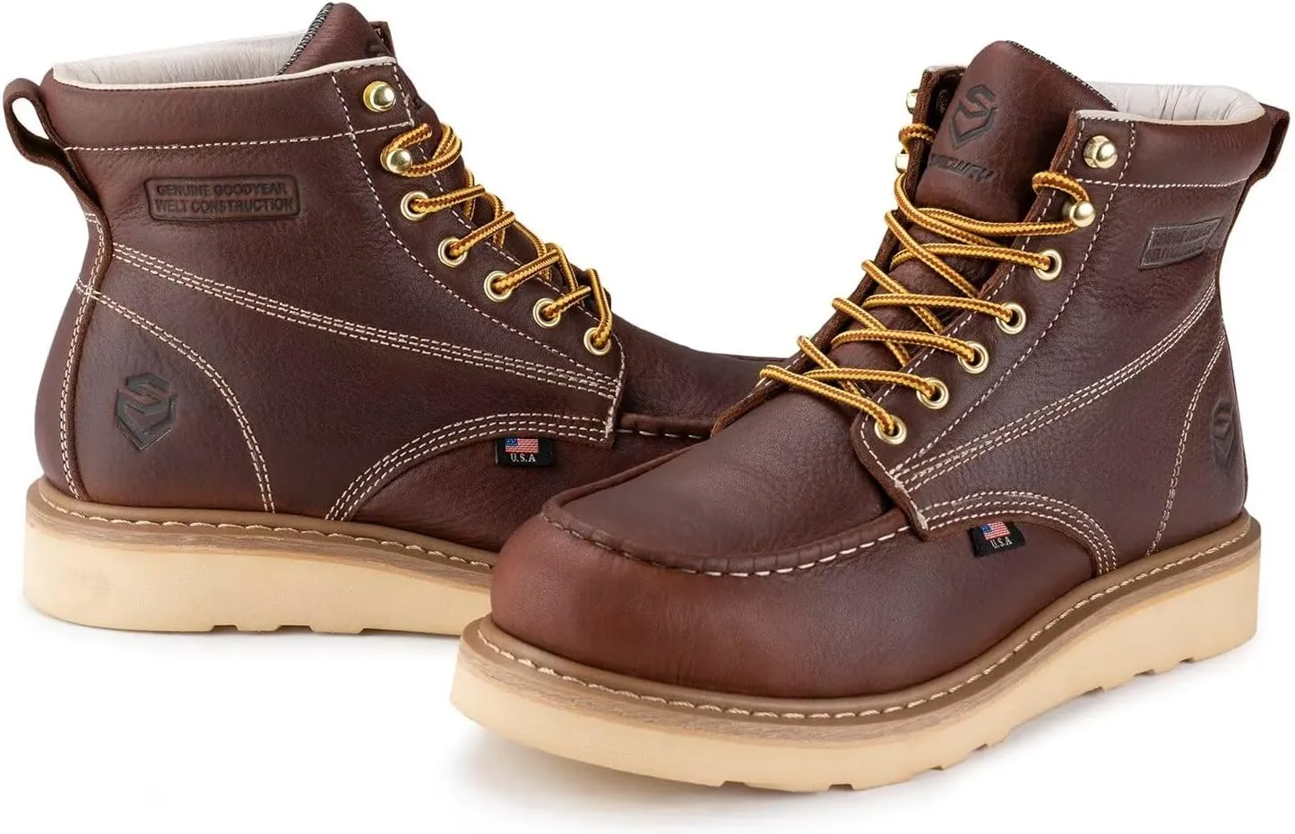 SUREWAY 6” Wedge Moc Toe Work Boots for Men - Soft Toe,Premium Full-Grain Leather,Lightweight Work Boots/Shoes,Comfort Insole,Oil/Slip Resistant,Real Goodyear,EH Rated Industrial Construction Boots