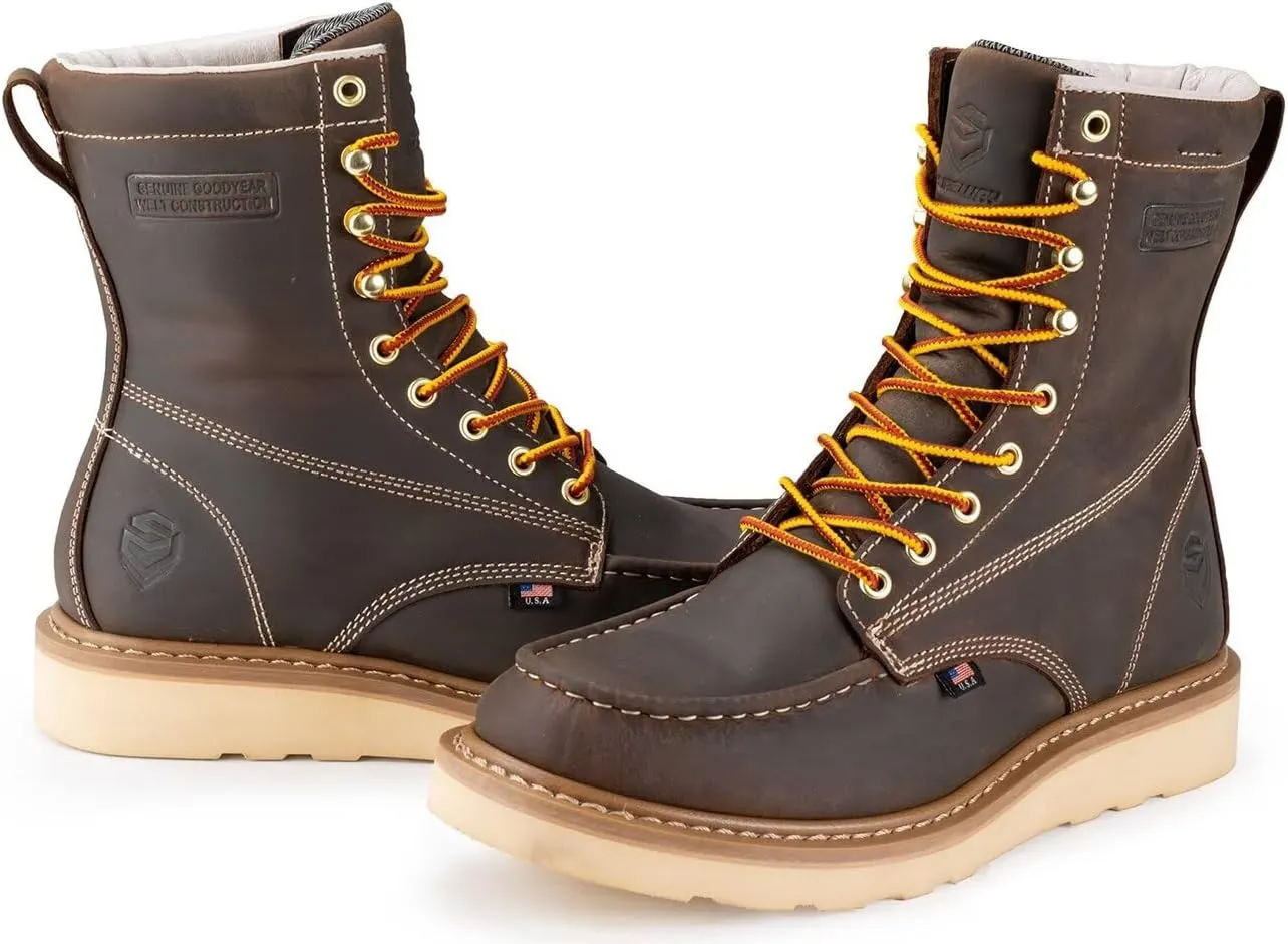 SUREWAY 8in Wedge Moc Toe Work Boots for Men - Soft Toe,Premium Full-Grain Leather,Safety Work Boots/Shoes,Comfort Insole,Oil/Slip Resistant,Real Goodyear,EH Rated Industrial Construction